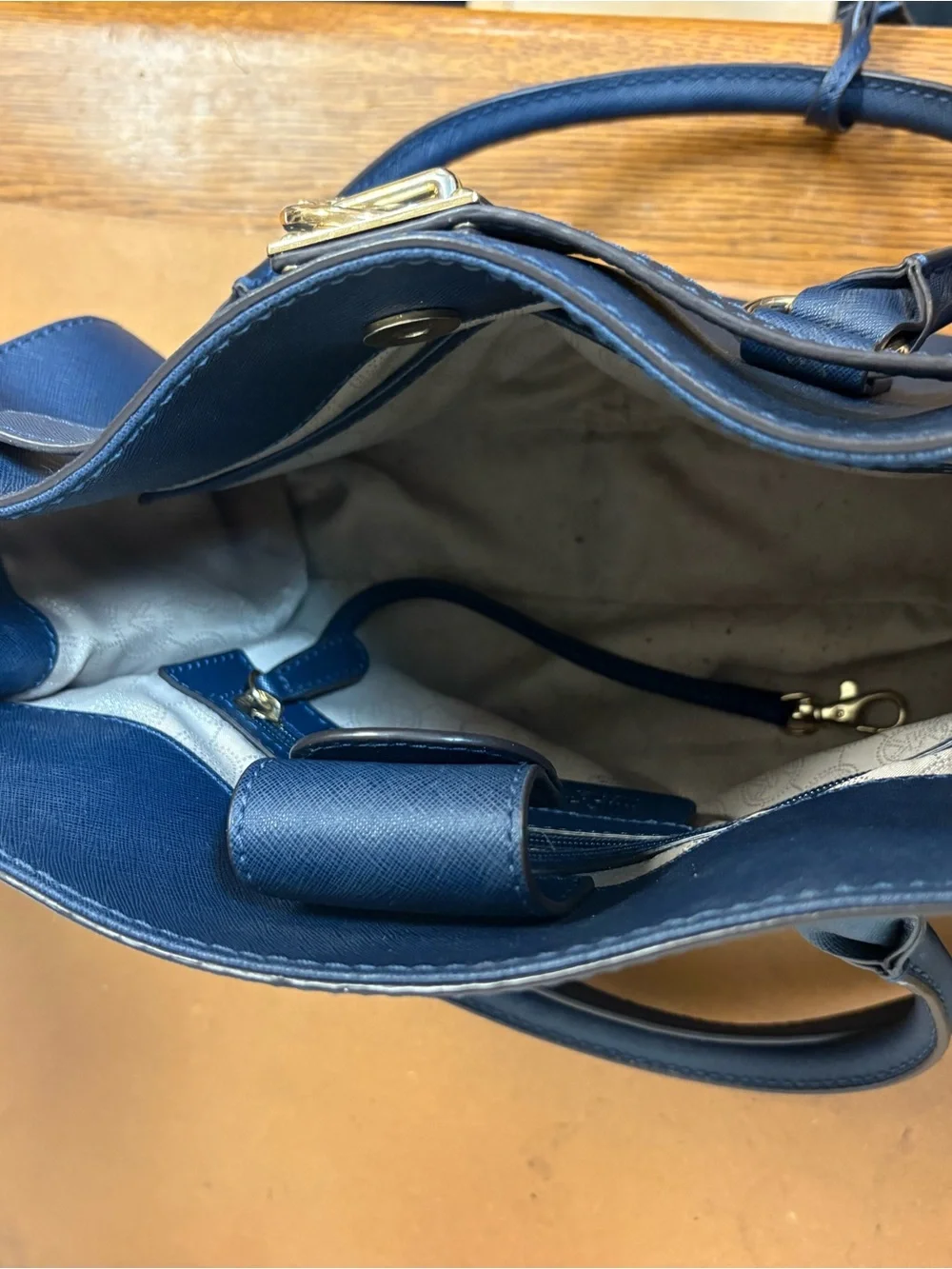 Classic Navy Satchel with Gold Lock Hardware